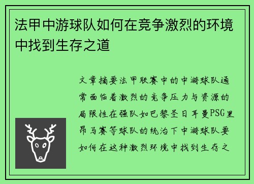 法甲中游球队如何在竞争激烈的环境中找到生存之道