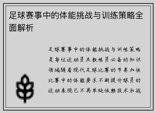 足球赛事中的体能挑战与训练策略全面解析