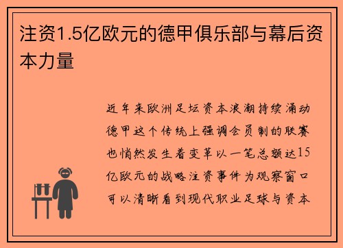 注资1.5亿欧元的德甲俱乐部与幕后资本力量